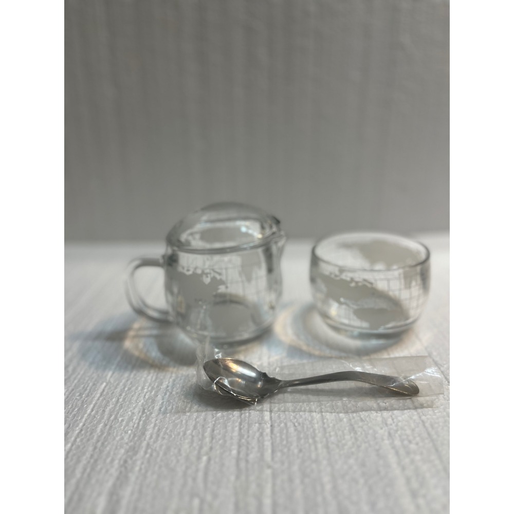 Nestle Globe Creamer Pitcher Bowl Spoon Set Glass World Map Dessert Drinkware - Picture 2 of 4